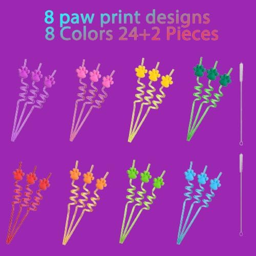 24 Paw Patterned Reusable Straws with 6 Colors