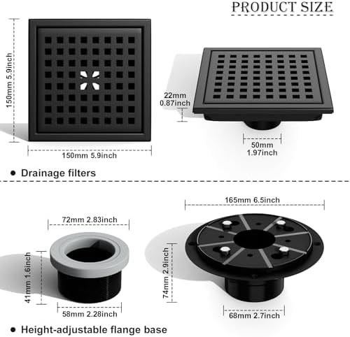 6 Inch Square Shower Drain with Flange Matte Black