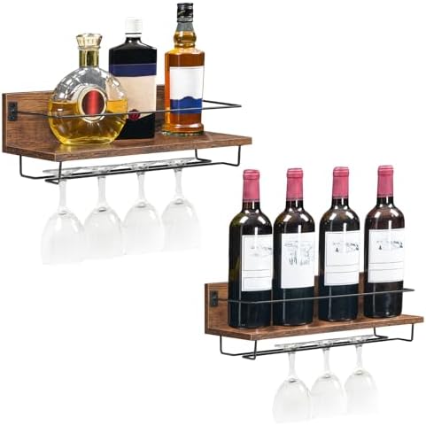 HOOBRO Wall Mounted Wine Rack 2 Pack Rustic Brown and Black