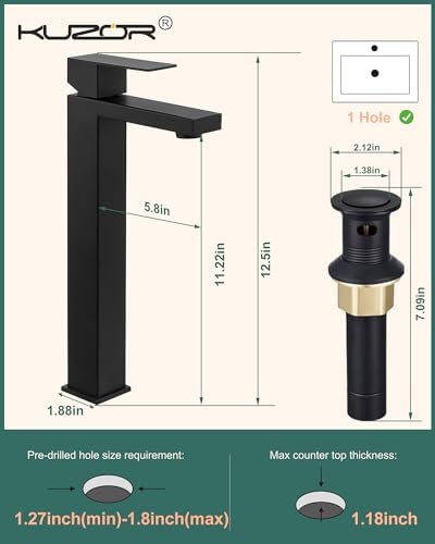 KUZOR Tall Vessel Sink Faucet Matte Black 1 Hole 125 Inch