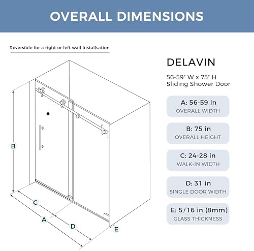 DELAVIN Frameless Shower Door 56-59 x 75