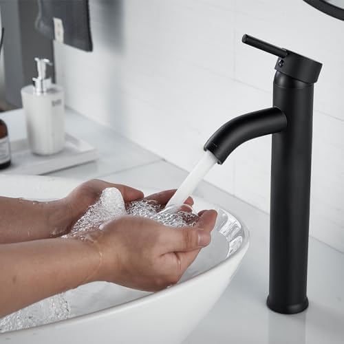 NICTIE Tall Matte Black Single Hole Bathroom Faucet with Pop-up Drain