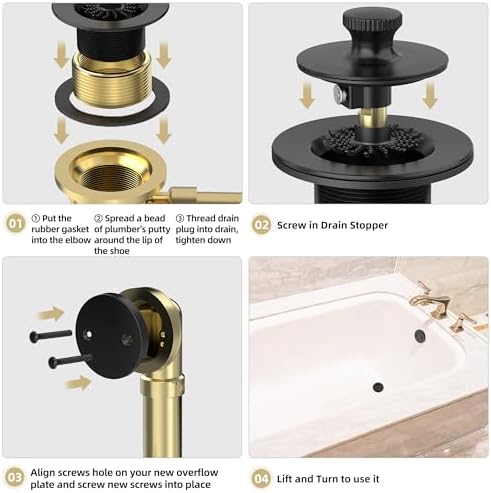 Matte Black Bathtub Drain with Hair Catcher and Overflow Faceplate