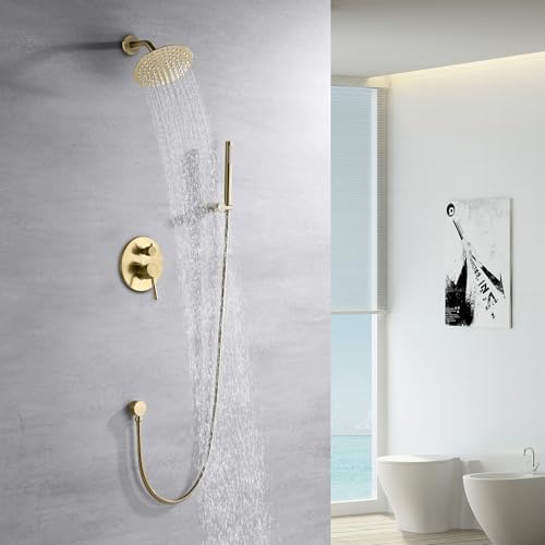 Sumerain Brushed Gold Shower System with Rain Head and Hand Shower