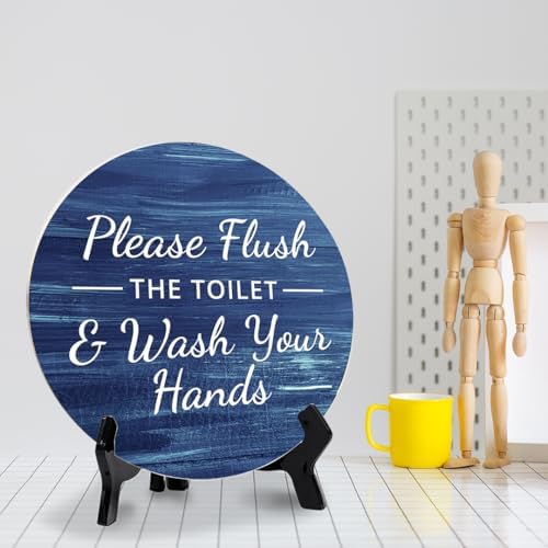 Round Please Flush Toilet Wash Hands Bathroom Sign