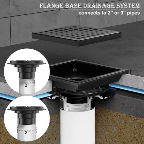 6 Inch Square Shower Drain with Flange Matte Black