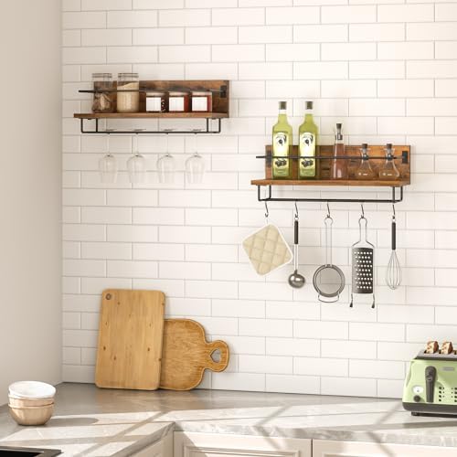HOOBRO Wall Mounted Wine Rack 2 Pack Rustic Brown and Black
