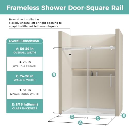 Frameless Glass Shower Door 56-60 x 75 Silver Stainless Steel