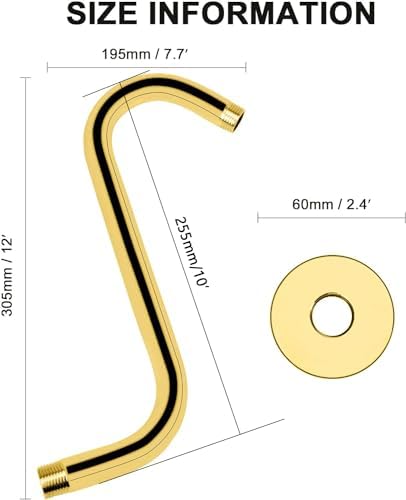 NearMoon S Shaped Shower Head Riser 12 Inch Chrome Gold