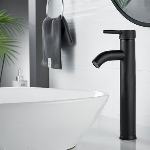 NICTIE Tall Matte Black Single Hole Bathroom Faucet with Pop-up Drain