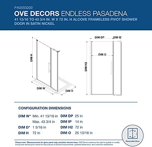 OVE Decors Frameless Pivot Shower Door Satin Nickel
