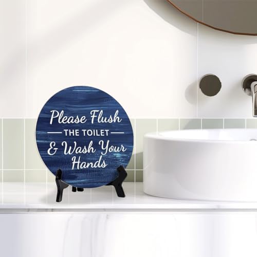 Round Please Flush Toilet Wash Hands Bathroom Sign