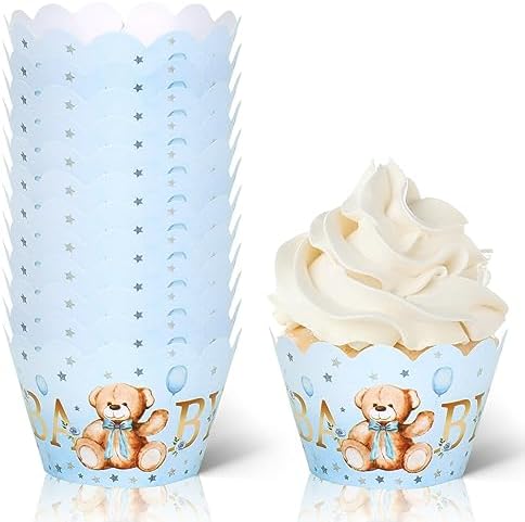 Whaline 36Pcs Blue Bear Cupcake Wrappers