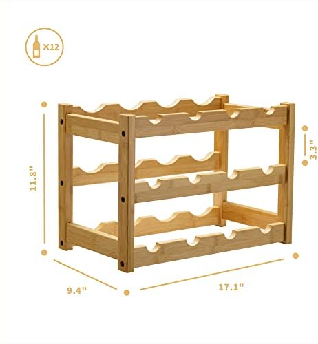 VASMIA Bamboo Wine Rack 3-Tier 12 Bottles Storage