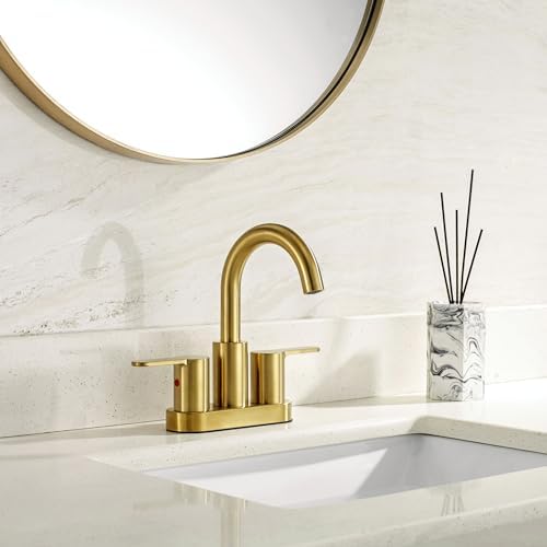 TimeArrow Brushed Gold 2 Handle Centerset Faucet with Drain 4 Inch High Arc