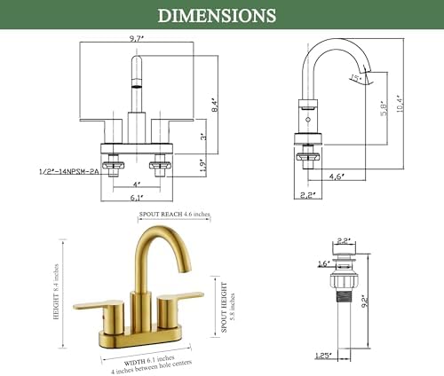 TimeArrow Brushed Gold 2 Handle Centerset Faucet with Drain 4 Inch High Arc