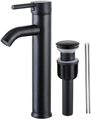 NICTIE Tall Matte Black Single Hole Bathroom Faucet with Pop-up Drain