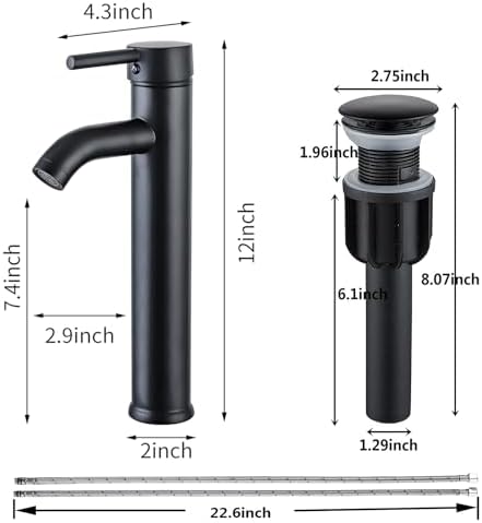 NICTIE Tall Matte Black Single Hole Bathroom Faucet with Pop-up Drain