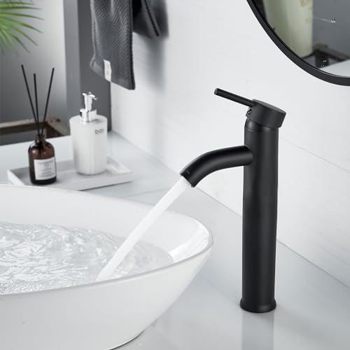 NICTIE Tall Matte Black Single Hole Bathroom Faucet with Pop-up Drain