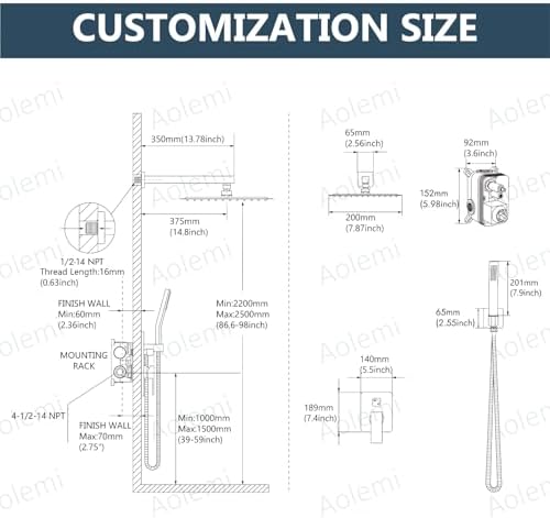 Aolemi Matte Black 8 Inch Wall Mount Shower Head Set