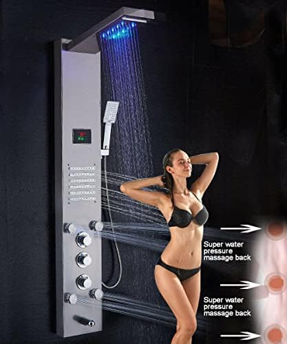 Gougeltd LED Light Shower Panel Tower Rainfall Head with Massager Jets