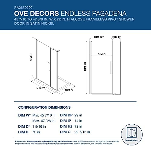 OVE Decors Frameless Pivot Shower Door in Satin Nickel