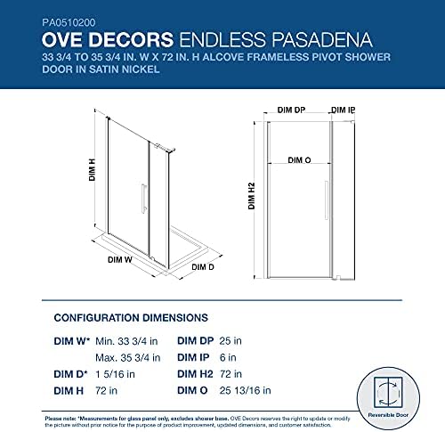 OVE Decors Frameless Pivot Shower Door Satin Nickel 1