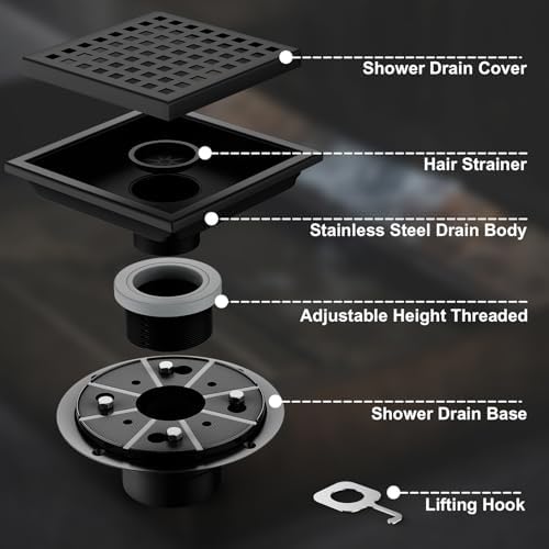 6 Inch Square Shower Drain with Flange Matte Black