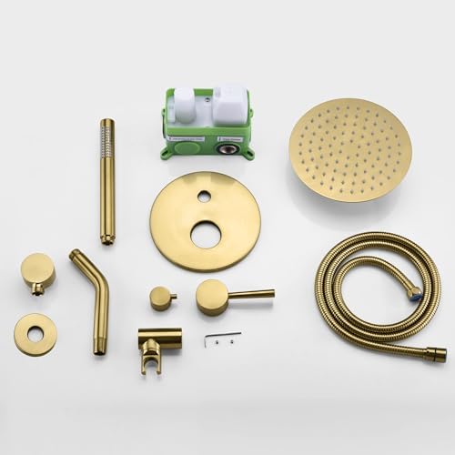 Sumerain Brushed Gold Shower System with Rain Head and Hand Shower