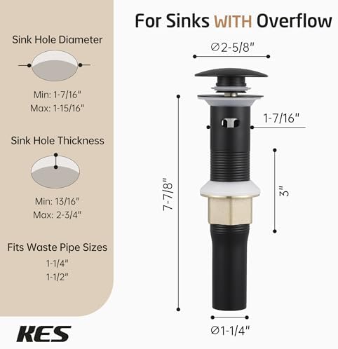 KES All Metal Bathroom Sink Drain with Strainer Basket and Overflow
