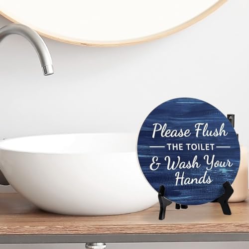 Round Please Flush Toilet Wash Hands Bathroom Sign