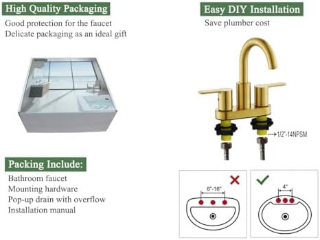 TimeArrow Brushed Gold 2 Handle Centerset Faucet with Drain 4 Inch High Arc