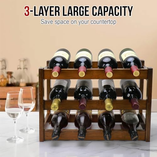 Thalomely 3-Tier Bamboo Wine Rack with 12 Bottles Storage
