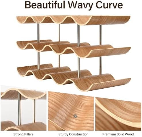 TRUDING 12 Bottle Freestanding Wine Rack - 3 Tier Wavy Wooden Storage Stand