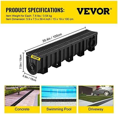 VEVOR Trench Drain System 4 Pack Black HDPE Drainage Trench
