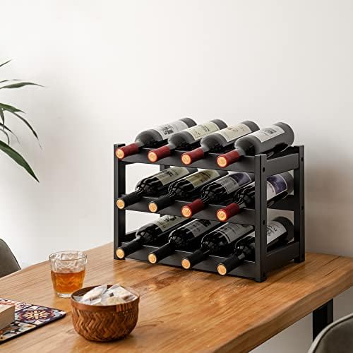 VASMIA Bamboo Wine Rack 3-Tier 12 Bottles Black 1