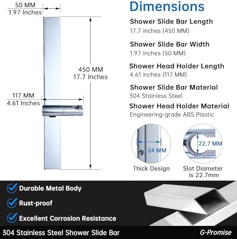 G-Promise Adjustable Shower Slide Bar with Strong Adhesive Chrome Mount
