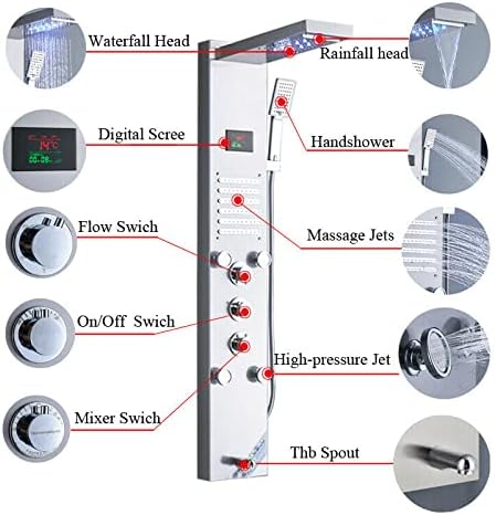 Gougeltd LED Light Shower Panel Tower Rainfall Head with Massager Jets
