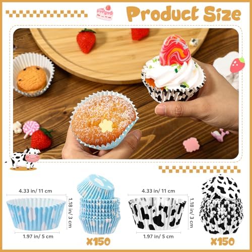 Cunhill 300 Pcs Baking Cups with Cloud Blue and Cow Print Liners