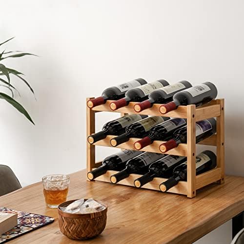 VASMIA Bamboo Wine Rack 3-Tier 12 Bottles Storage