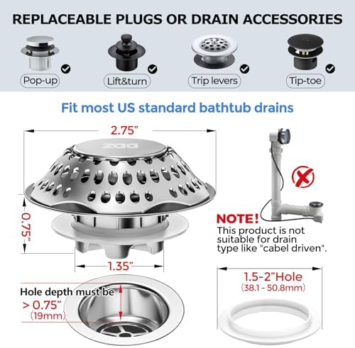 Zaa Bathtub Drain Stopper with Hair Catcher Silver