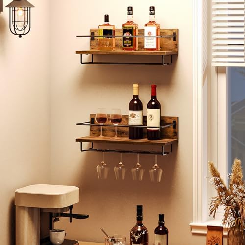 HOOBRO Wall Mounted Wine Rack 2 Pack Rustic Brown and Black
