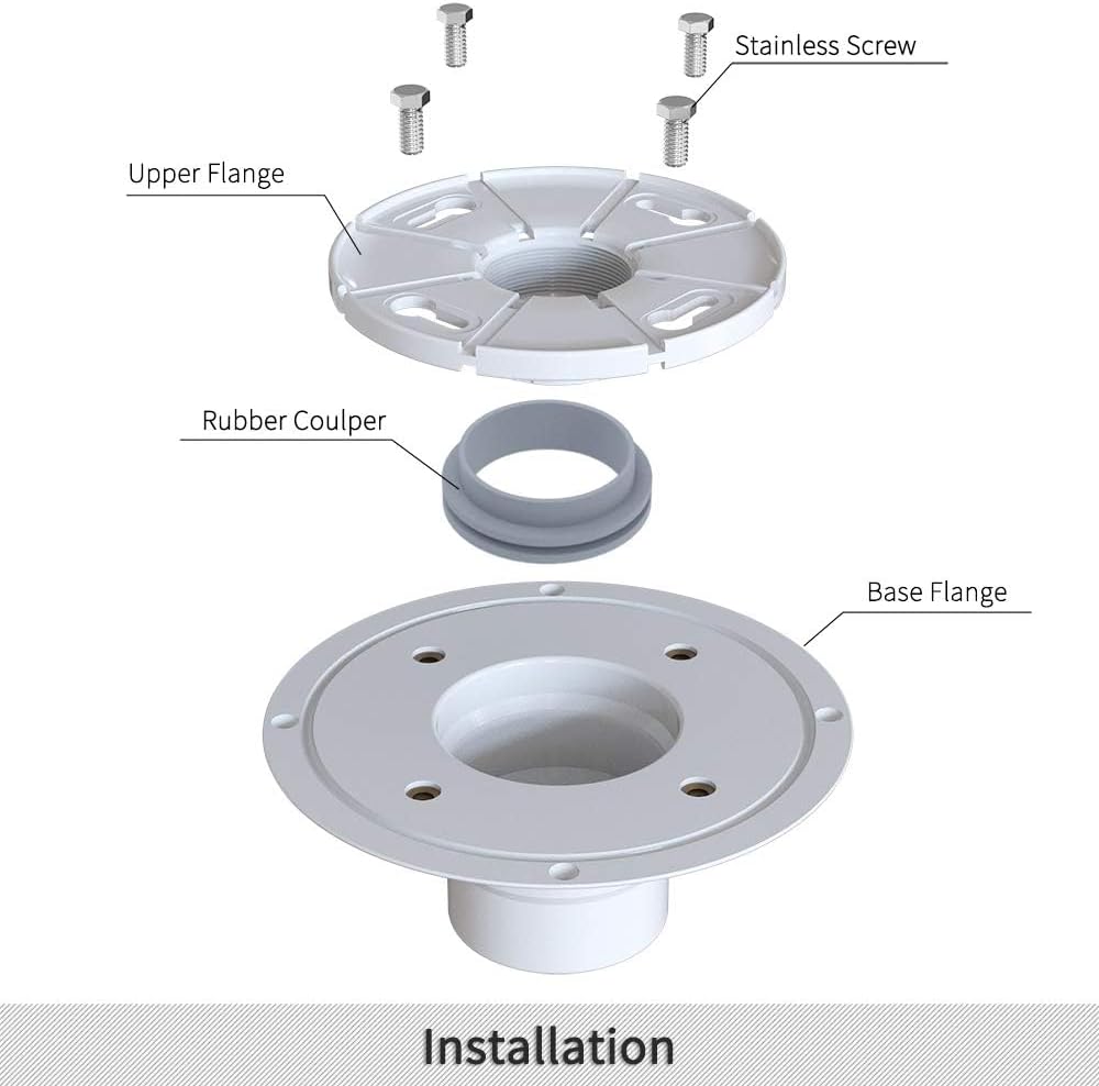 USHOWER 2 Inch Drain Base Flange with Rubber Coupler - White