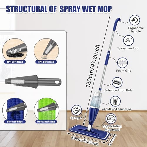 EXEGO Spray Mop with 3 Reusable Pads for Multi-Surface Cleaning