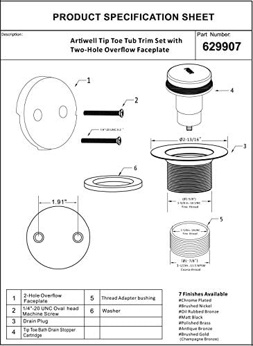 Artiwell Tip-Toe Tub Trim Set Chrome Plated