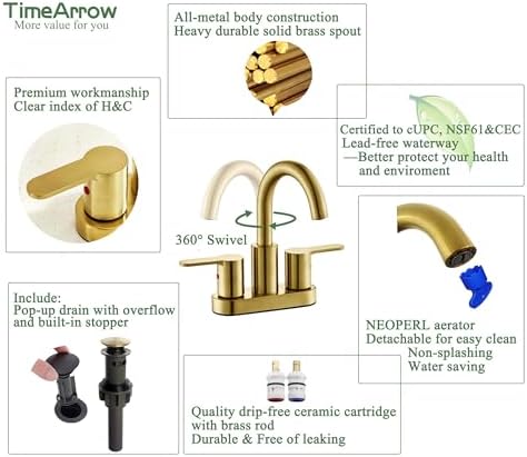 TimeArrow Brushed Gold 2 Handle Centerset Faucet with Drain 4 Inch High Arc