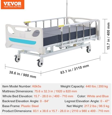 VEVOR 3 Function Full Electric Hospital Bed with Mattress and IV Pole
