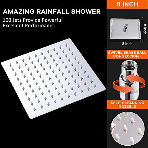 NearMoon 8 Inch Square Rain Shower Head - Chrome Finish High Pressure Easy Install
