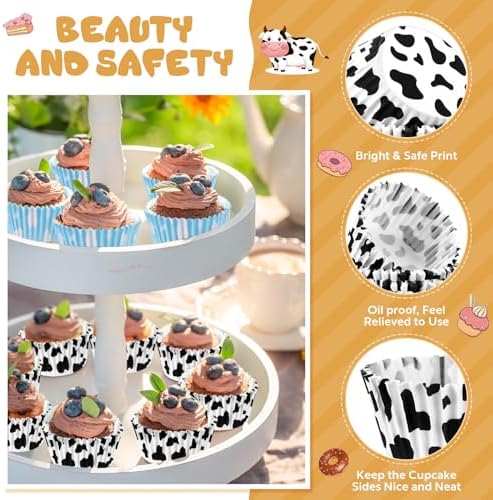 Cunhill 300 Pcs Baking Cups with Cloud Blue and Cow Print Liners