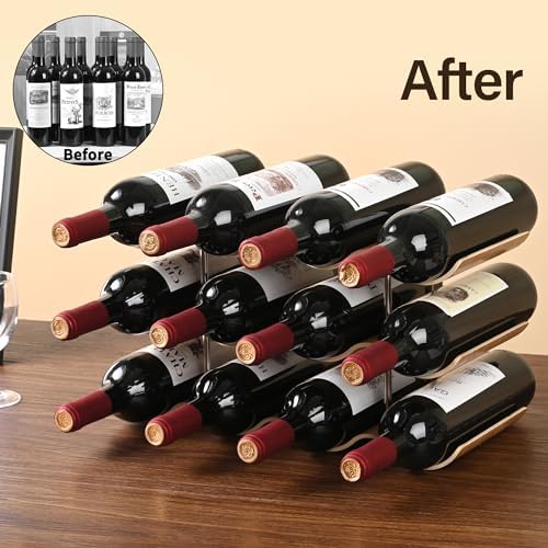 TRUDING 12 Bottle Freestanding Wine Rack - 3 Tier Wavy Wooden Storage Stand